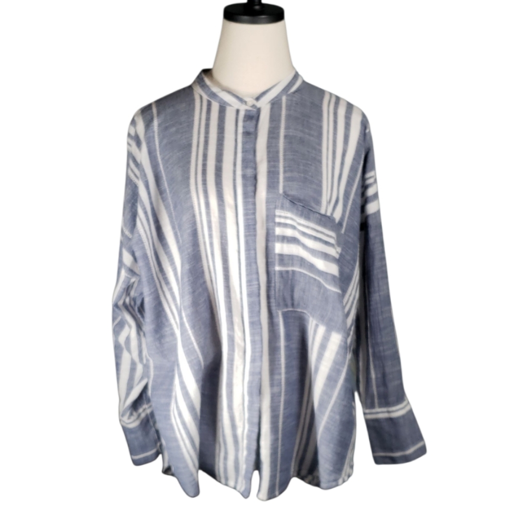 Lucky Brand Cotton Boho Coastal Stripes Beach Breezy Dolman Sleeves Button Top L